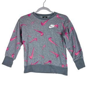 Nike Sweatshirt Kids XS Gray Pullover Fleece Allover‎ Swoosh Logo Graphic